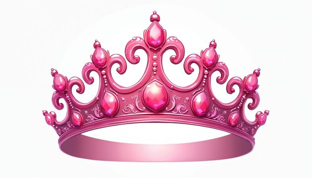 Elegant royal pink princess crown clipart. Gem decorated pink crown. Queen, princess tiara with gems for girls. Fairytale fantasy celebration decoration decor design element.