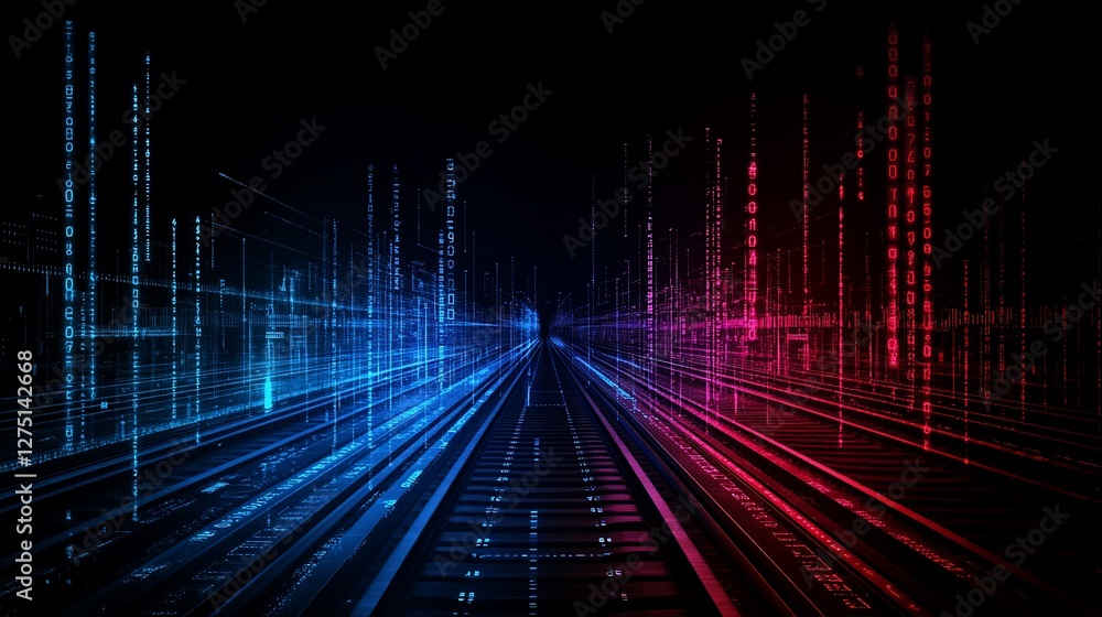 Poster abstract digital binary code landscape with train tracks and neon lights