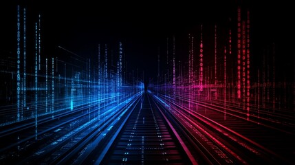 Naklejka premium Abstract Digital Binary Code Landscape with Train Tracks and Neon Lights