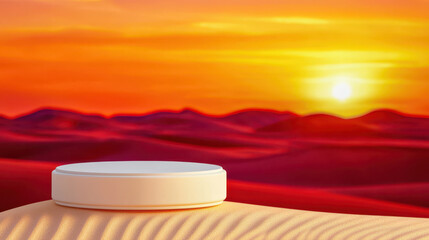 A minimalist circular object rests on sandy dunes under a vibrant sunset, creating a serene and surreal atmosphere.