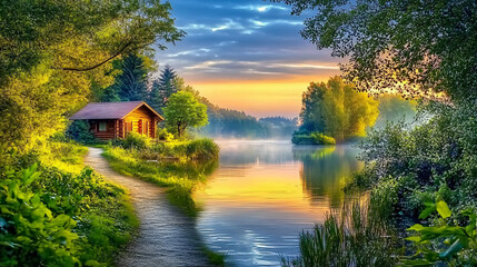 Fototapeta premium Tranquil twilight countryside blue sky serene landscape rustic cottage glowing sunset peaceful nature lush greenery artistic digital painting fantasy dreamy scenic path warm trees exotic resort
