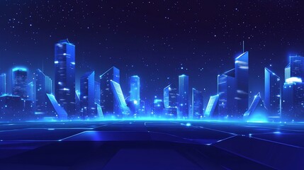 Futuristic Cityscape at Night with Glowing Blue Buildings and Stars in the Sky