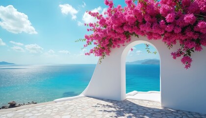 White archway with bougainvillea. Pink flowers over blue sea. Idyllic summer vacation in mediterranean greek paradise. Stone patio balcony overlooking ocean, sky, clouds.