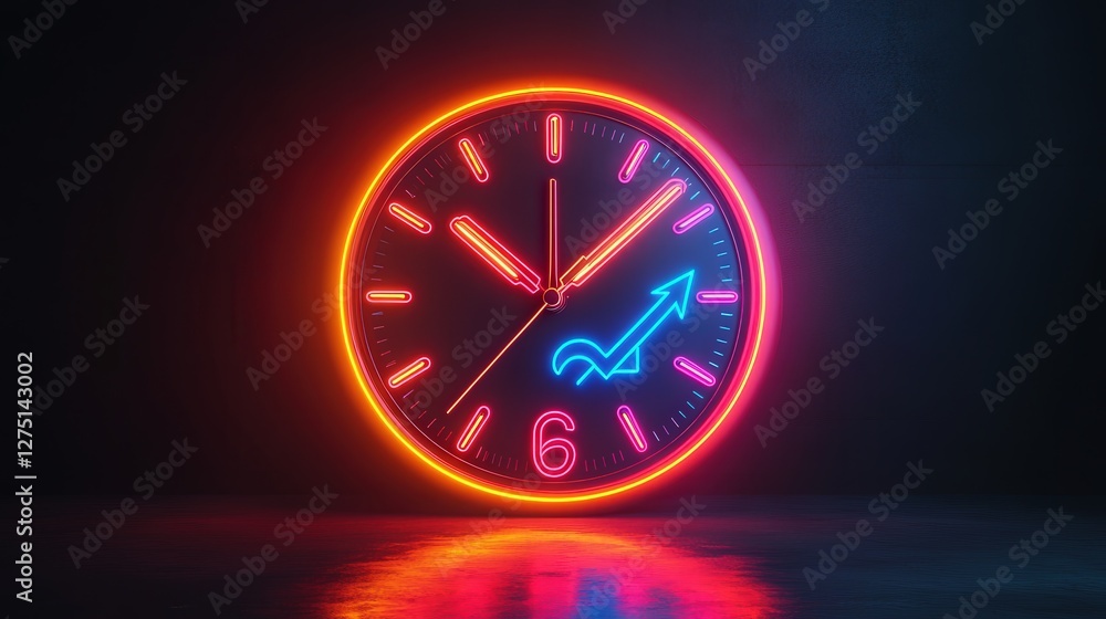 Poster neon clock with a money symbol and double arrows, illustrating how smart time management can maximiz