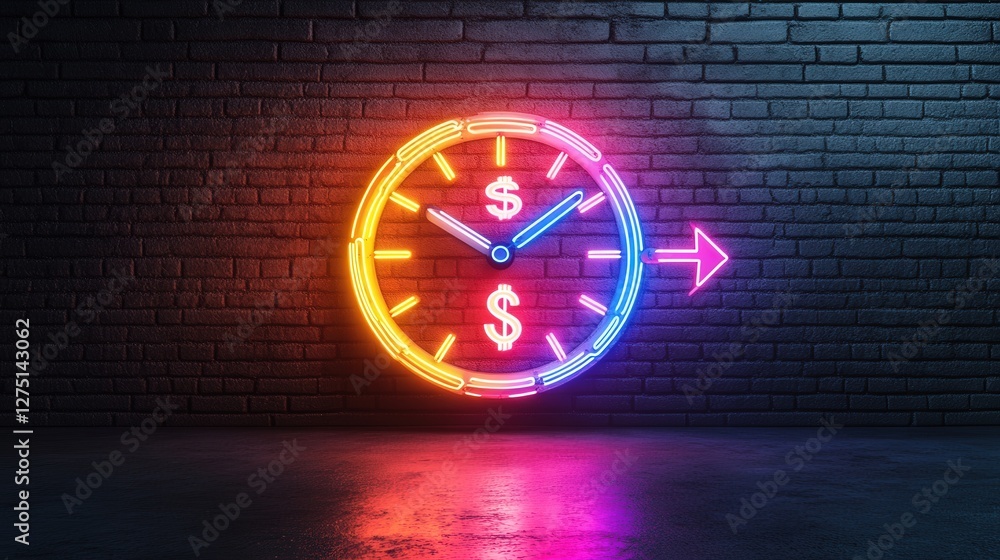 Poster neon clock with a money symbol and double arrows, illustrating how smart time management can maximiz