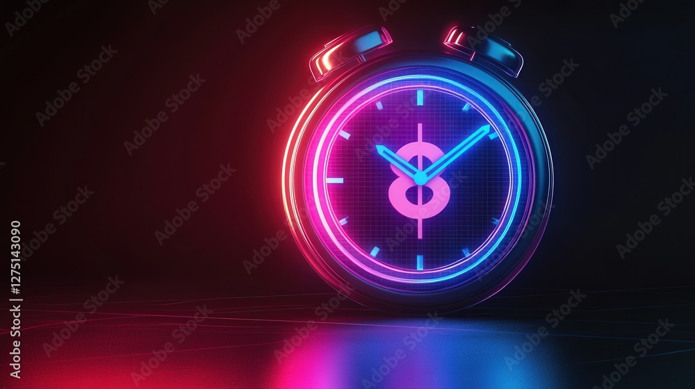 Poster neon clock with a money symbol and double arrows, illustrating how smart time management can maximiz