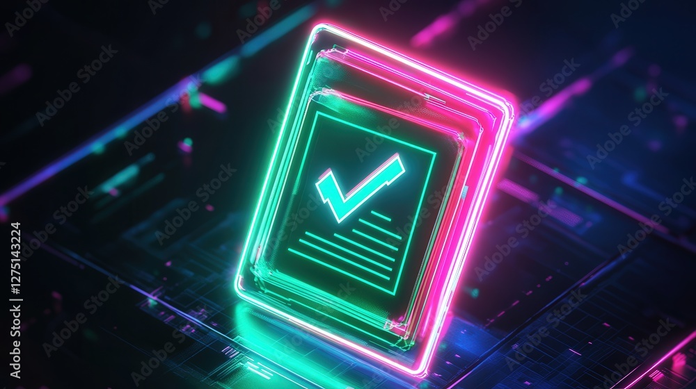 Poster neon document icon with a checkmark in green, symbolizing a completed audit, with smooth lighting ef