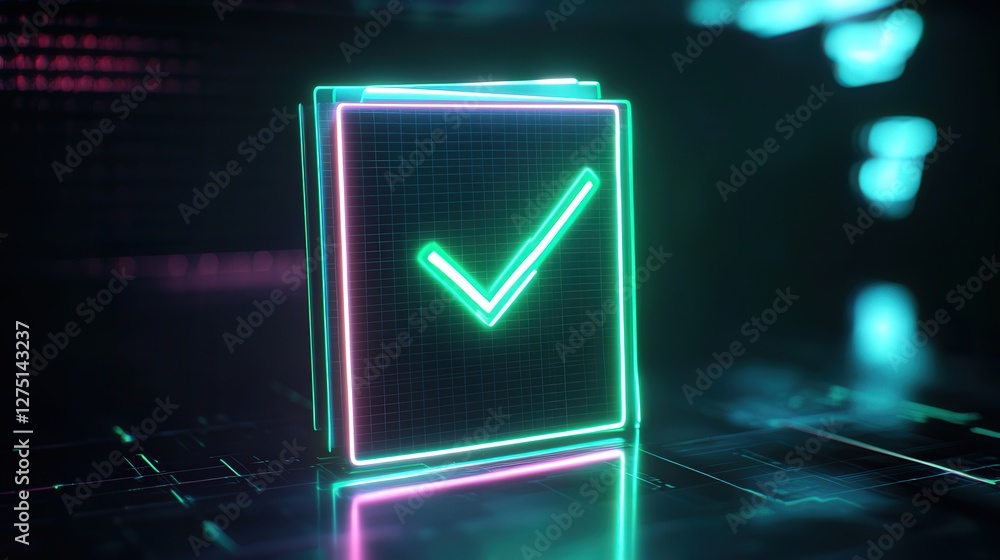 Aufkleber neon document icon with a checkmark in green, symbolizing a completed audit, with smooth lighting ef