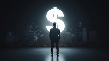 Financial Vision: A silhouette of a businessman stands with hands in pockets, gazing towards a glowing dollar symbol, symbolizing financial ambition and success.