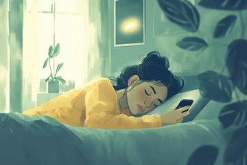 A dreamy bedroom scene where a woman rests, unaware of the smartphone screen still showing an unread message.