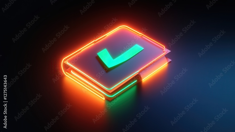 Poster neon document icon with a green checkmark, illustrating the successful completion of a thorough audi