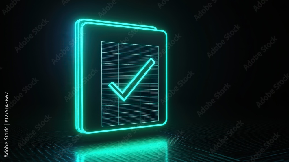 Poster neon document icon with a green checkmark, illustrating the successful completion of a thorough audi