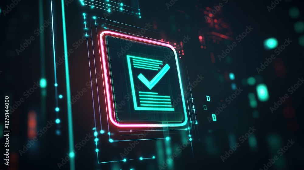 Poster neon document icon with a green checkmark, signifying a flawless audit result, set against a dark ba