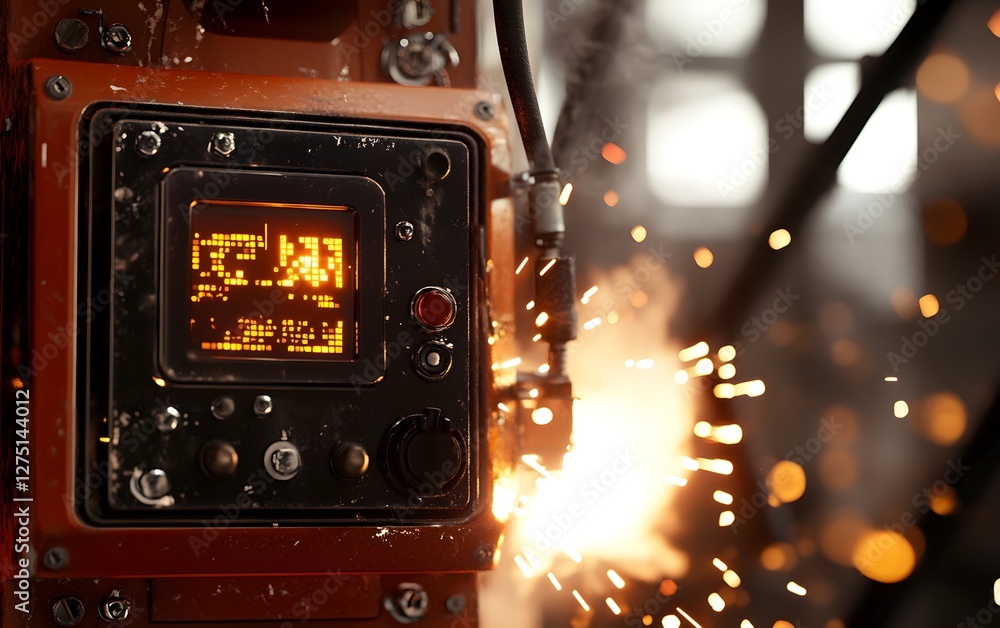 Poster a close-up of a welding machine showcasing intricate controls and sparks, representing precision and