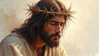 Watercolor illustration of Jesus Christ wearing crown of thorns. Artistic painting of Lord, God, sacrifice, love, faith, saviour, hope, redemption, divine, messiah, symbol.