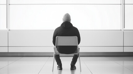 Solitude Contemplation: A solitary figure, seen from behind, sits quietly in a modern, minimalist space, staring thoughtfully at a bright window, capturing a moment of quiet contemplation.