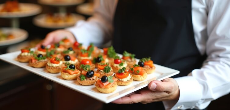 Waiter carries appetizer plate. Catering service staff with tray, serving snacks, canapes, finger food for event guests. Gourmet cuisine for holiday, party, wedding reception. Restaurant dining.