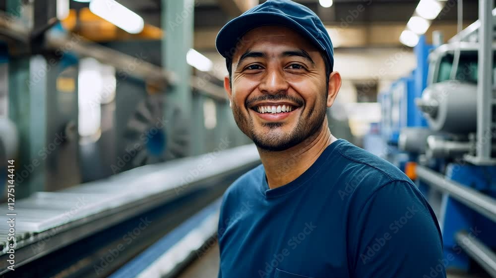 Poster Hispanic man smiles while working in factory during daytime, showcasing dedication and craftsmanship, A Hispanic man smiles while working in a factory