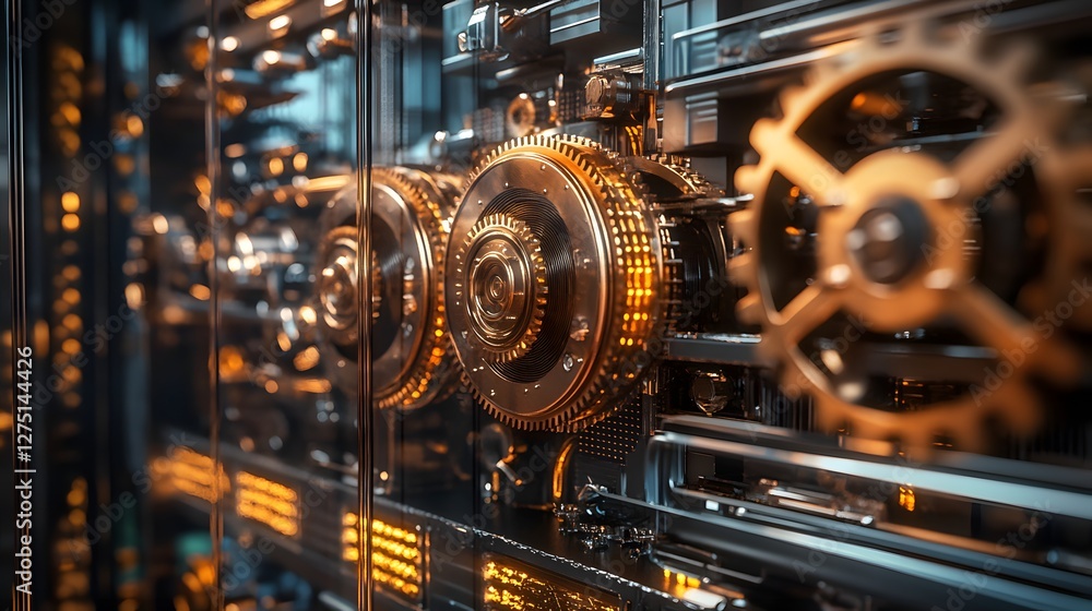 Poster a close-up view of intricate gears and machinery showcasing advanced technology in a high-tech envir