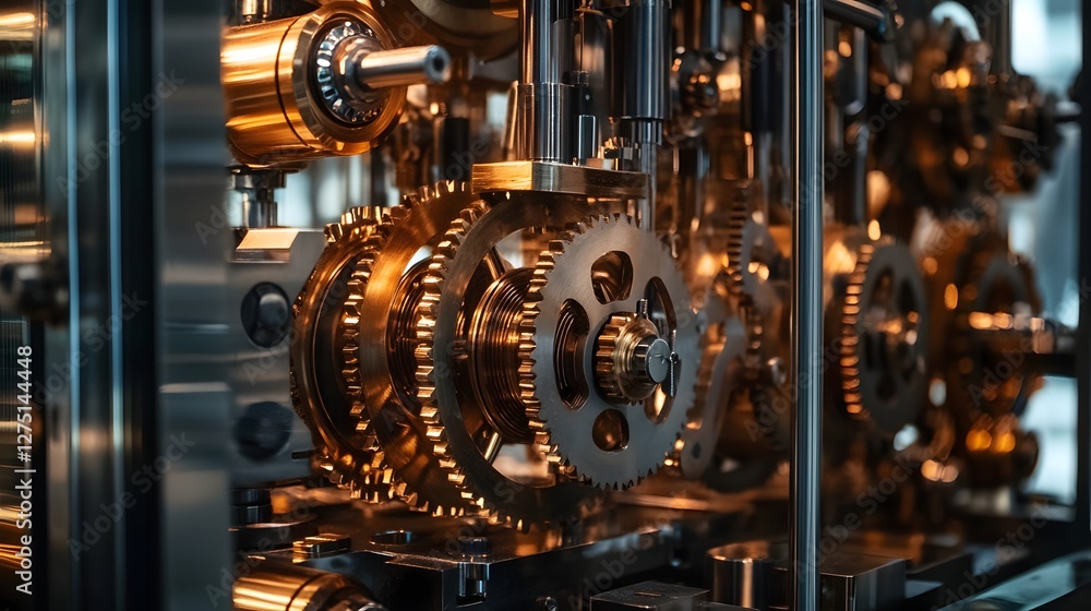Poster a close-up view of intricate golden gears in a mechanical system, showcasing the beauty and complexi