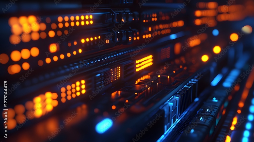 Poster a close-up view of modern data server with illuminated lights. the intricate design and vibrant colo
