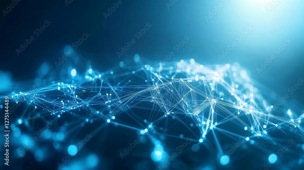 Poster abstract network of interconnected glowing blue lines and dots on dark background