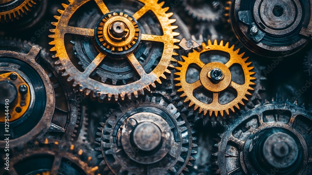 Poster a close-up view of intricately designed mechanical gears, showcasing a blend of metallic textures an