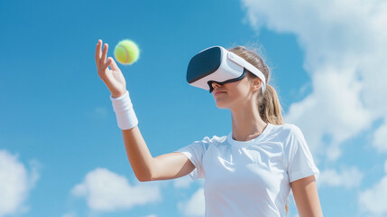 VR Tennis: A young woman wearing a VR headset playfully interacts with a tennis ball, set against a bright blue sky, suggesting virtual sports and technological innovation.