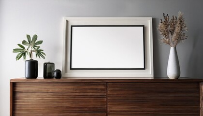 Striking 3D Rendering of Interior with White Picture Frame and Dark Wood Console A Symphony of Shadows in a Modern Space, Evoking a Sense of Sophistication and Timeless Elegance.