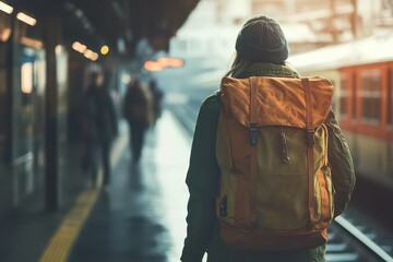Obraz premium A female traveler in casual clothing, standing on a crowded train platform with a travel bag.