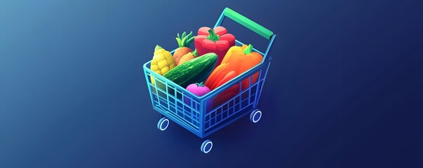 Obraz premium A colorful shopping cart filled with fresh fruits and vegetables, symbolizing healthy eating and a vibrant lifestyle