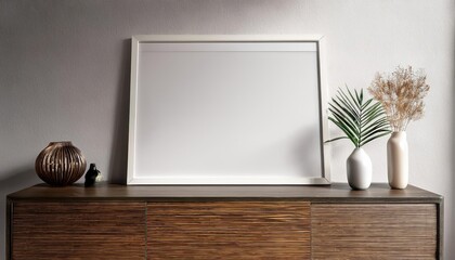 3D Rendering of Interior with White Picture Frame and Dark Wood Console Dramatic and Elegant Decor Accentuates Warmth in Modern Living Space, Perfect for Art, Home Decor, or Design Inspiration.