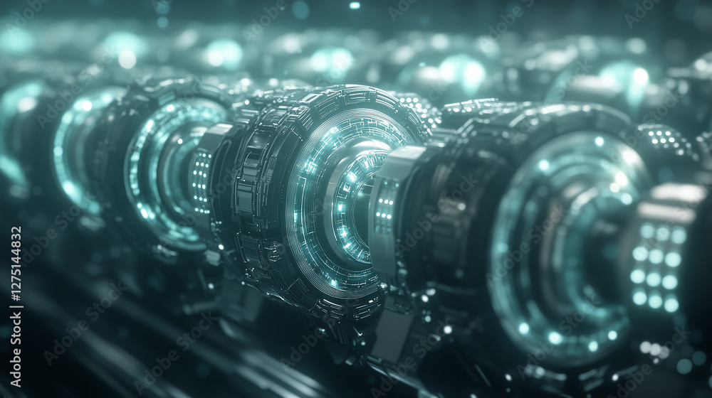Poster cybernetic engine: a close-up of a series of futuristic mechanical engines humming with energy. futu