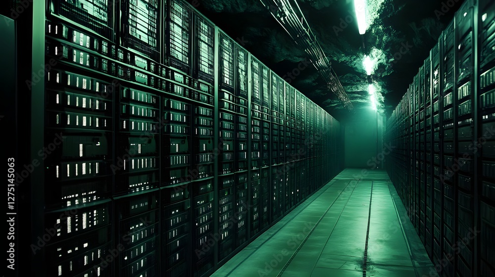 Poster a dimly lit server room with rows of high-tech servers, illuminated by a green glow. the sleek desig