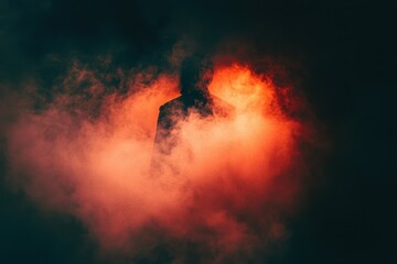Fototapeta premium Mysterious Silhouette Emerging from Colorful Smoke in Dark Setting