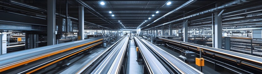 A dynamic view of an industrial facility with intricate logistics and transportation systems. The vibrant lines represent speed and efficiency in a modern working environment.