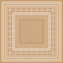 A geometric square print pattern featuring layered borders of white designs on a warm beige background, creating a textured, elegant look.