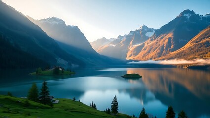 Serene Swiss Lake Amidst Majestic Rocky Mountains and Lush Greenery