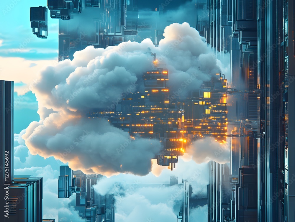 Poster a futuristic cityscape with towering buildings and illuminated structures floating amidst mystical c