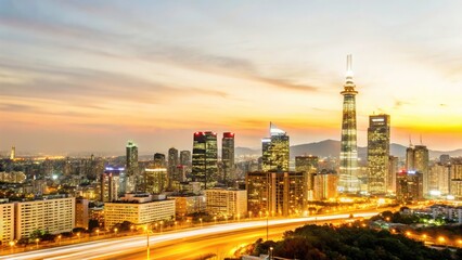 Naklejka premium Long exposure photography unveils Seoul's sunset skyline, a breathtaking cityscape panorama bathed in golden light.