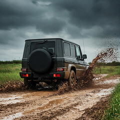 Fototapeta premium Spare tire cover on an off-road car driving through a muddy trail, with water splashes and a dramatic sky in the background, capturing the excitement of off-roading