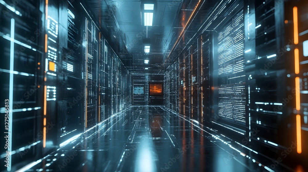 Poster a futuristic data center corridor showcasing sleek servers and vibrant neon lights, symbolizing adva