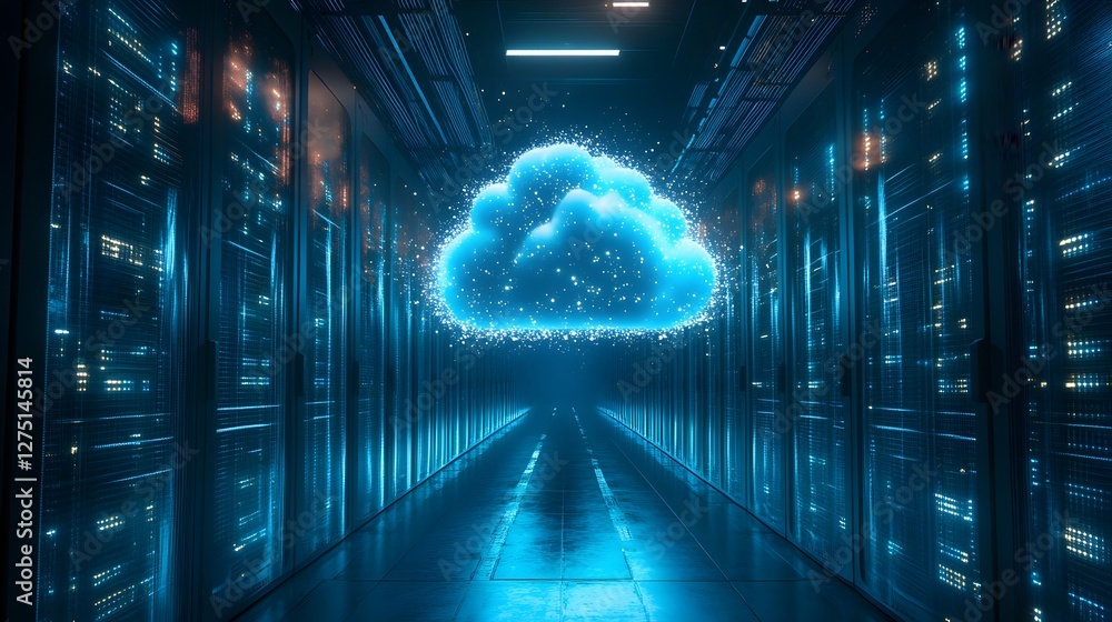 Poster a futuristic data center featuring glowing servers and a digital cloud, emphasizing the power and ef