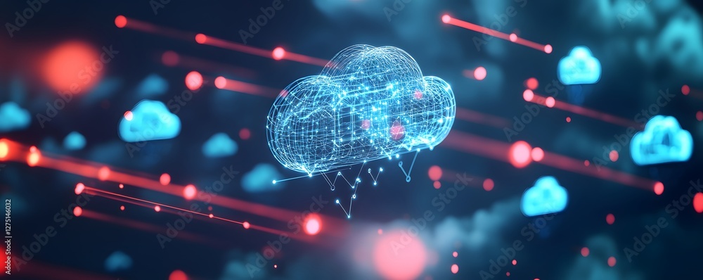 Poster A futuristic digital cloud representation with vibrant lasers in motion. The blend of colors and technology creates a captivating visual, symbolizing advanced data processing.