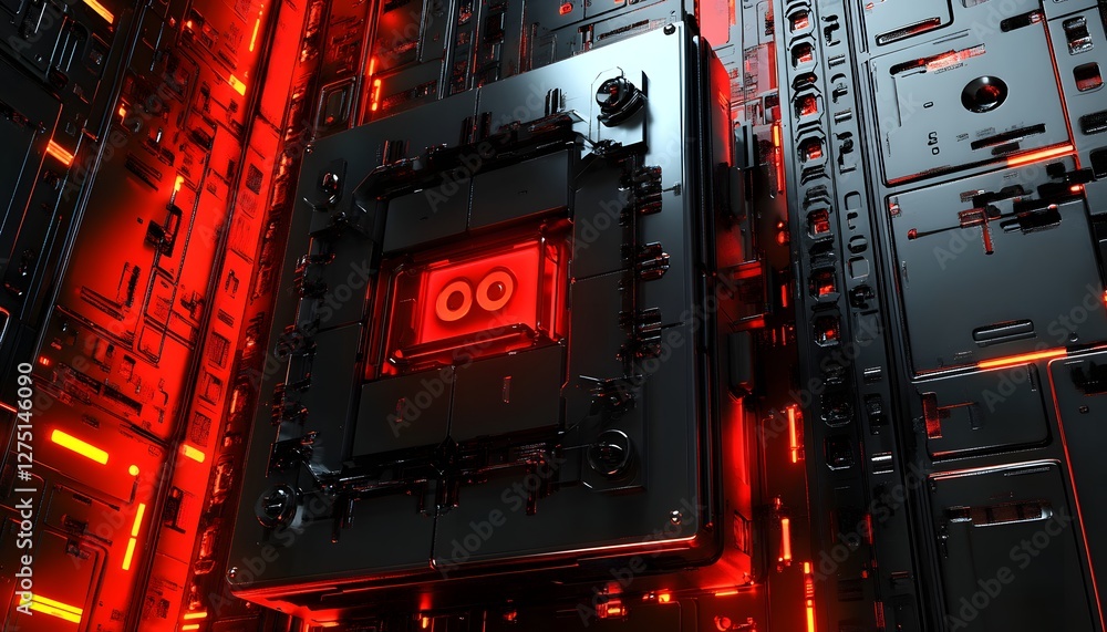 Poster a futuristic digital interface featuring intricate circuitry and glowing red elements
