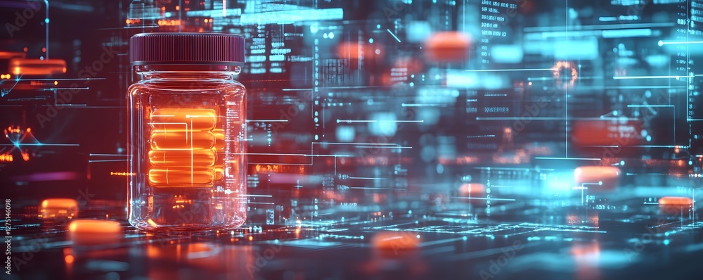 Poster a futuristic digital interface showcasing a glowing glass jar against a backdrop of vibrant data str