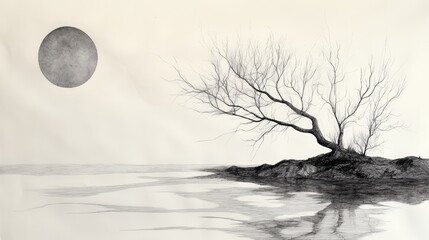 Bare Tree Moonlit Shore, Pencil Drawing