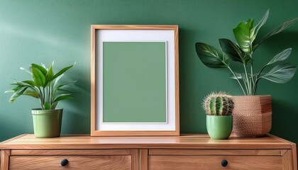 Stylish Green Photo Frame Displayed Against a Backdrop of Beautiful Plants and a Rustic Wooden Cabinet, Embracing the Warmth and Freshness of Natures Elements in a Modern Home Setting