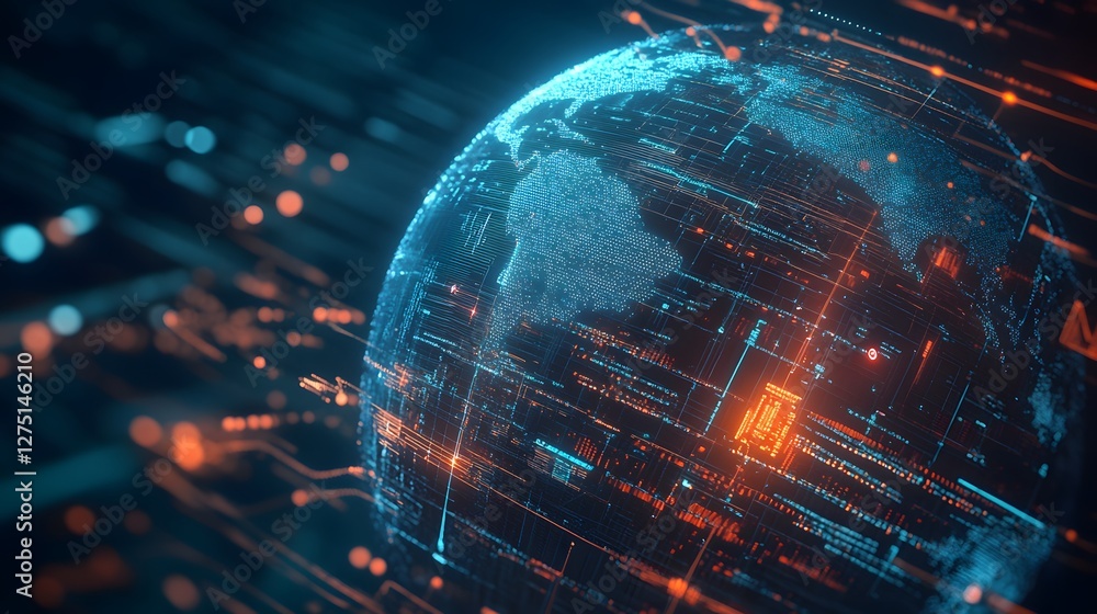 Poster a futuristic digital representation of earth surrounded by flowing data streams, showcasing the inte