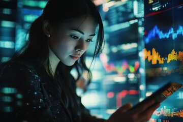A focused businesswoman using a tablet to execute trades, surrounded by digital financial data and charts, symbolizing her involvement in online trading.